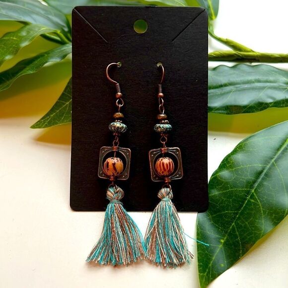 Copper and Brass Blue Tassel Earrings - Picture 1 of 3